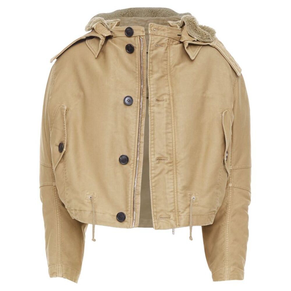 PRADA 2023 Runway shearling trim canvas hooded cropped bomber jacket IT48 M